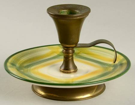 Gingham Green Candleholder (China Saucer & Brass)