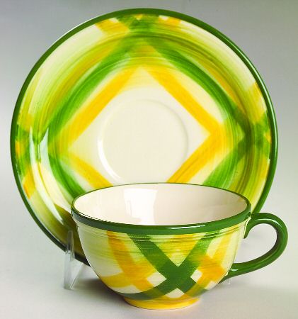 Gingham Green Flat Cup & Saucer Set