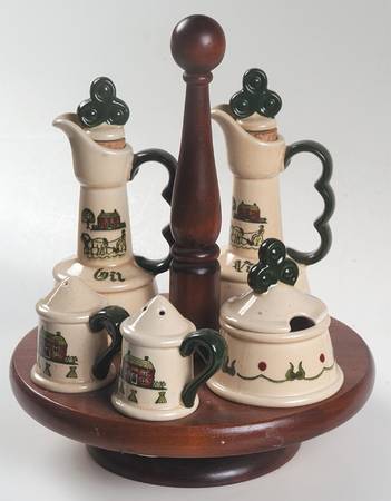Homestead Provincial (9 Piece) Condiment Set (Jar, S&P, V&O &Wood Base)
