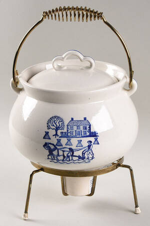 Provincial Blue Kettle Casserole & Warmer Stand with Candle Holder