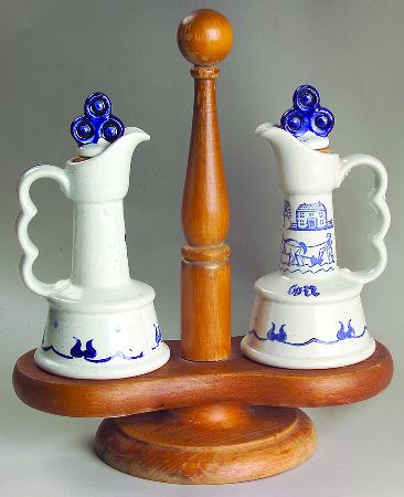 Provincial Blue Vinegar and Oil Set with Wood Stand