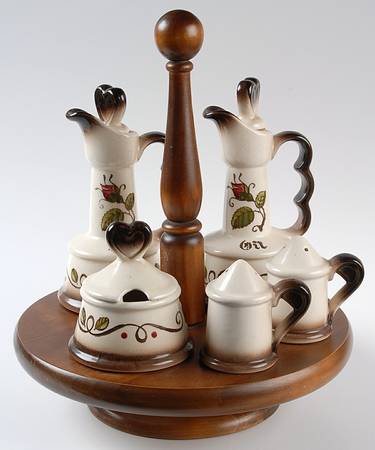Provincial Rose (9 Piece) Condiment Set (Jar, S&P, V&O &Wood Base)