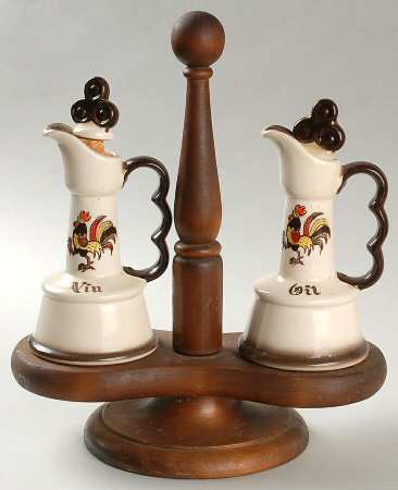 Red Rooster Vinegar and Oil Set with Wood Stand