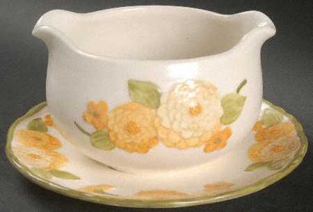 Sculptured Zinnia Round Gravy Boat/Attached Underplate by Metlox - Poppytrail - Vernon