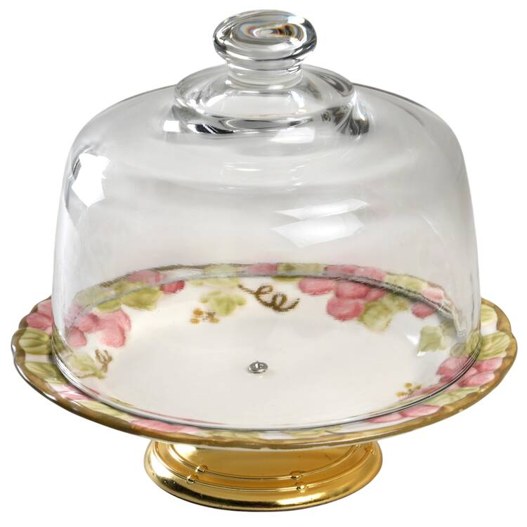 Vintage Pink 6 1/2"-7 1/2" Footed Cheese Plate w/ Glass Dome HC