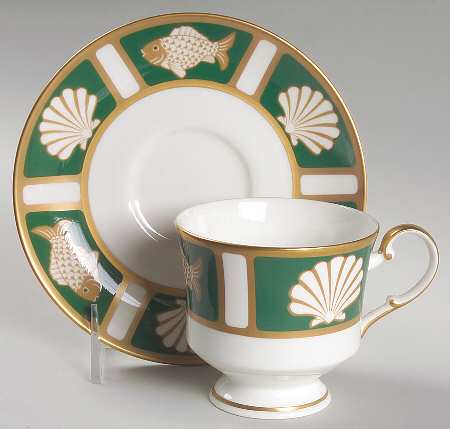 Fish and Shell Green (Narumi) Footed Cup & Saucer Set