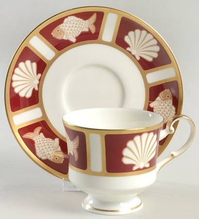 Fish and Shell Persian Red Footed Cup & Saucer Set