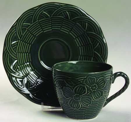 Flower Basket Hunter Green Flat Cup & Saucer Set
