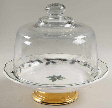Holiday Holly 6 1/2"-7 1/2" Footed Cheese Plate w/ Glass Dome HC