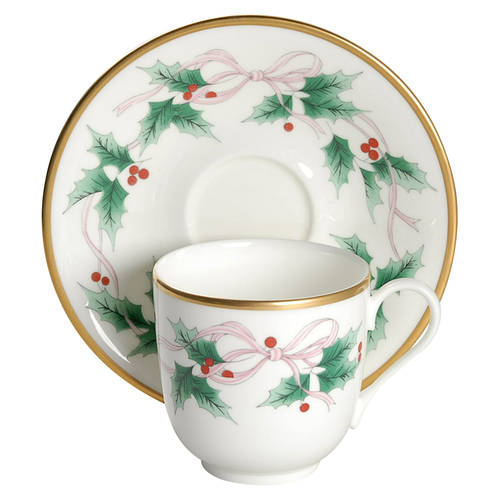 Ribbon Holly Flat Cup & Saucer Set