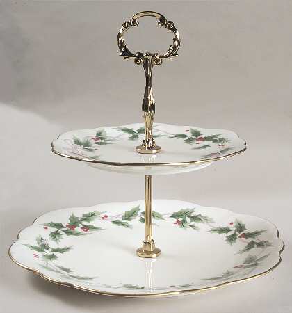 Ribbon Holly 2 Tiered Serving Tray (Dinner & Salad Plate)