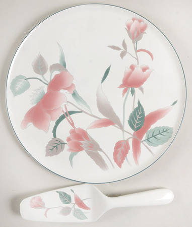Silk Flowers Cake Plate & Solid Ceramic Server Set (Boxed)