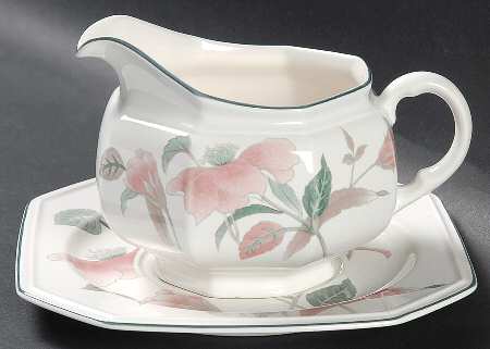 Silk Flowers Round Gravy Boat & Underplate