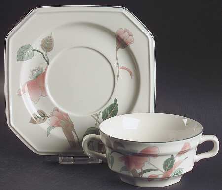 Silk Flowers Flat Cream Soup Bowl & Saucer Set