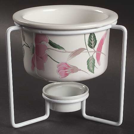 Silk Flowers Open Fondue Pot with Warmer Stand and Burner