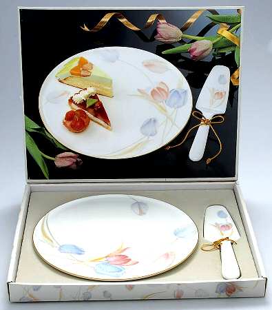 Swiss Garden Cake Plate & Solid Ceramic Server Set (Boxed)