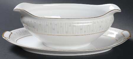 Malay Gold & Gray Gravy Boat with Attached Underplate