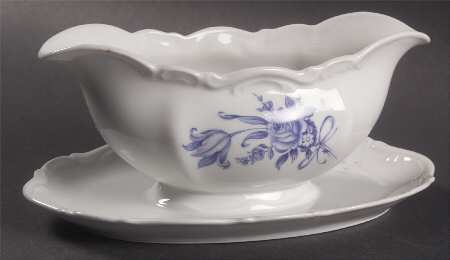 Meissen Blue Gravy Boat with Attached Underplate