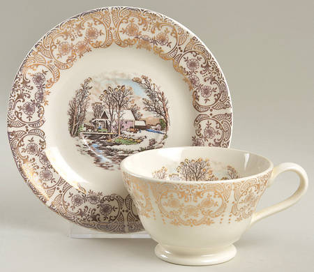 Currier & Ives (Rim, Smooth) Footed Cup & Saucer Set