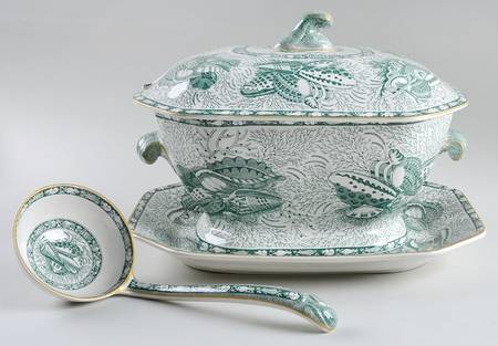 Torquay Green (Yellow Trim) Tureen & Lid w/Ladle & Underplate