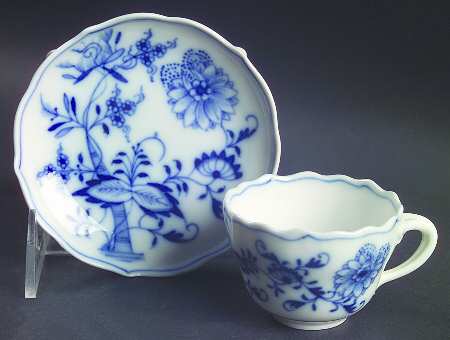 Blue Onion (Oval Backstamp) Flat Demitasse Cup & Saucer Set