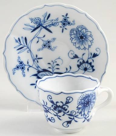 Blue Onion ("Sword" Backstamp) Flat Demitasse Cup & Saucer Set