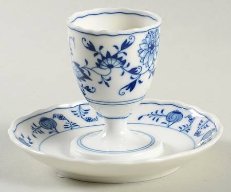Blue Onion ("Sword" Backstamp) Egg Cup with Attached Underplate