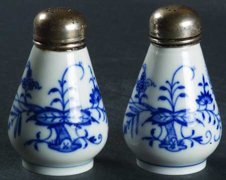 Blue Onion ("Sword" Backstamp) Salt & Pepper Set w/Metal Lids