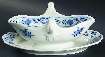 Blue Onion ("Sword" Backstamp) Gravy Boat with Attached Underplate