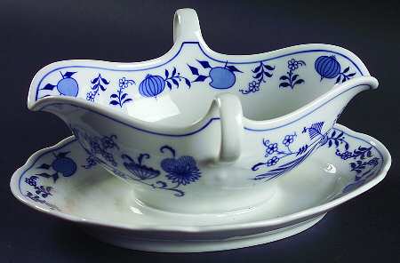 Blue Onion ("Sword" Backstamp) Gravy Boat with Attached Underplate