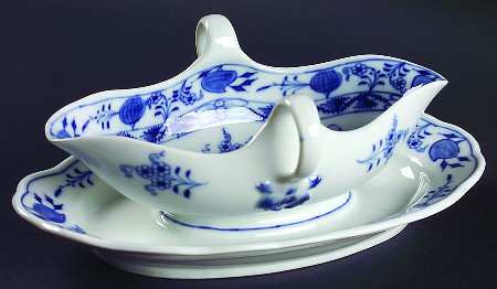 Blue Onion ("Sword" Backstamp) Gravy Boat with Attached Underplate