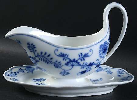 Blue Onion ("Sword" Backstamp) Gravy Boat with Attached Underplate