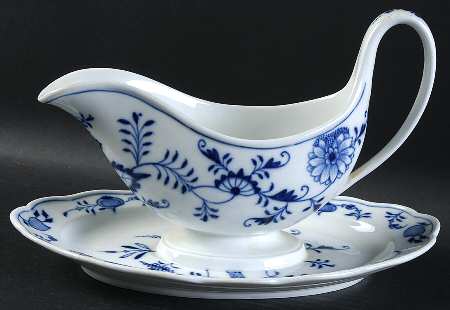 Blue Onion ("Sword" Backstamp) Gravy Boat with Attached Underplate