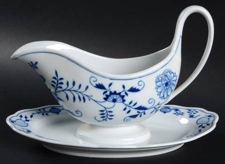 Blue Onion ("Sword" Backstamp) Gravy Boat with Attached Underplate