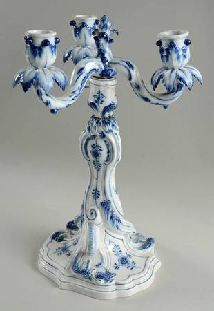 Blue Onion ("Sword" Backstamp) 3 Light Candelabra