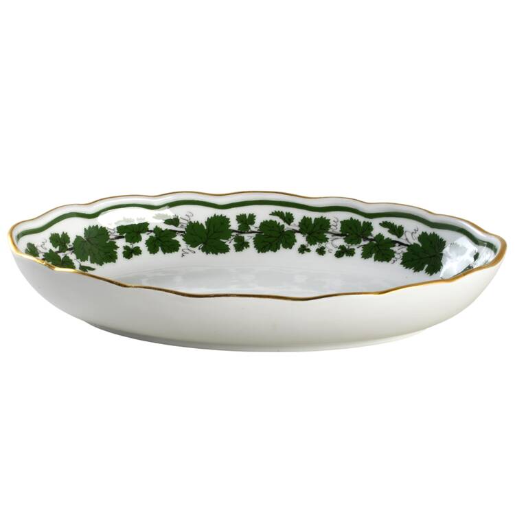 Full Green Vine (Scalloped, Gold Trim) 9" Oval Vegetable Bowl