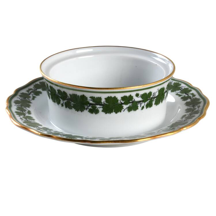 Full Green Vine (Scalloped, Gold Trim) Round Butter with Attached Underplate No Lid