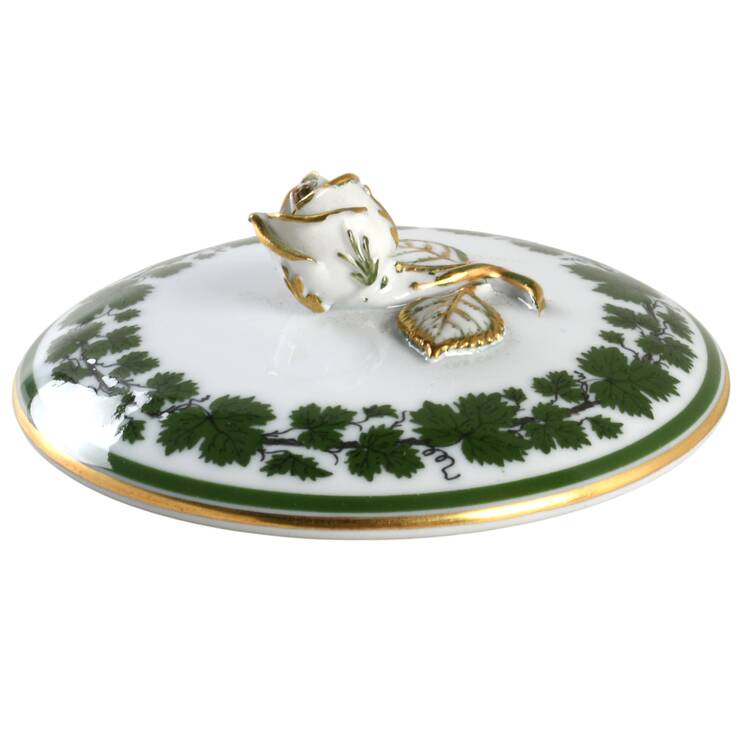 Full Green Vine (Scalloped, Gold Trim) Lid for Round Butter with Attached Underplate