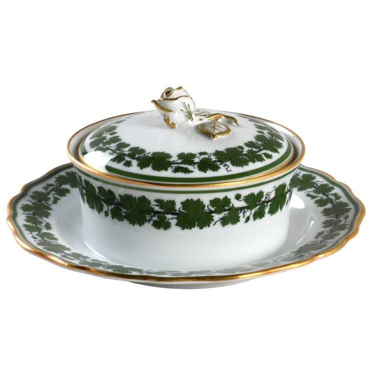 Full Green Vine (Scalloped, Gold Trim) Round Covered Butter with Attached Underplate