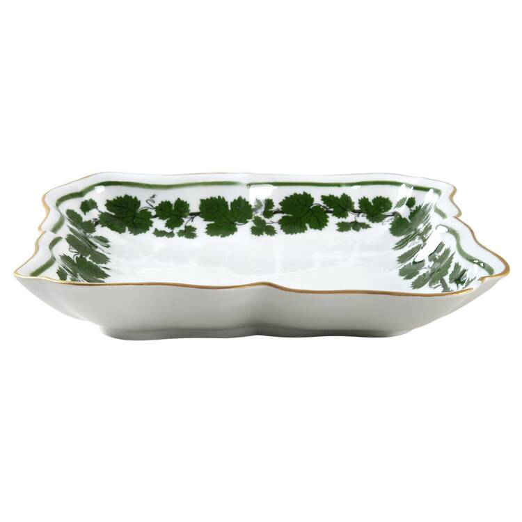 Full Green Vine (Scalloped, Gold Trim) 8" Square Shallow Salad Serving Bowl