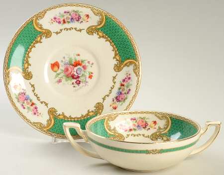 The Bouquet Green Flat Cream Soup Bowl & Saucer Set