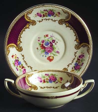 The Bouquet Maroon Flat Cream Soup Bowl & Saucer Set by Myott Staffordshire