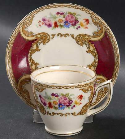The Bouquet Maroon Flat Demitasse Cup & Saucer Set by Myott Staffordshire