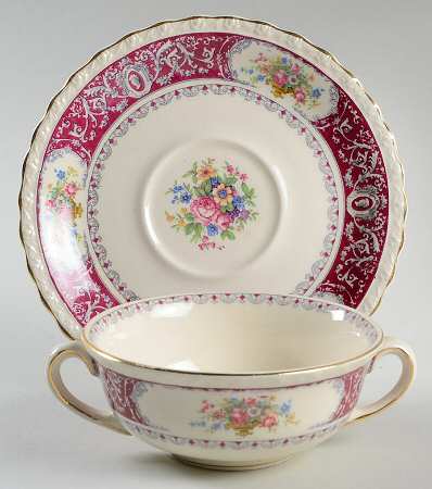 Canterbury Red Border (Floral Center) Flat Cream Soup Bowl & Saucer Set