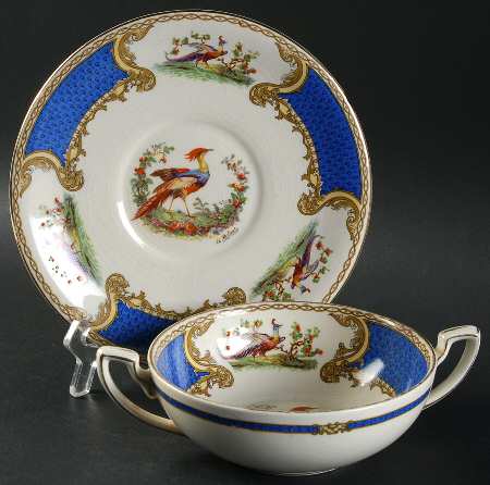 Chelsea Bird Blue Flat Cream Soup Bowl & Saucer Set