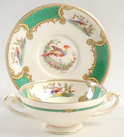 Chelsea Bird Green (Enamel) Footed Cream Soup Bowl & Saucer Set