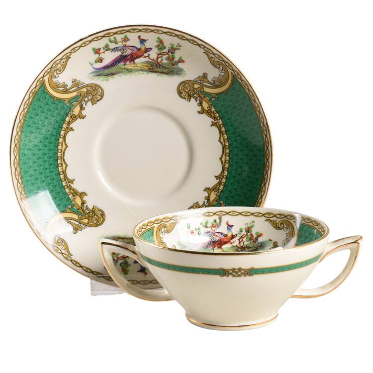 Chelsea Bird Green (Enamel) Bouillon Cup & Saucer