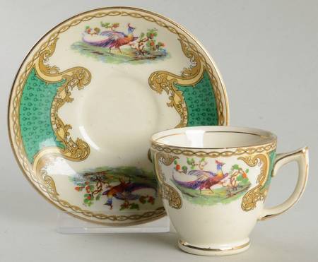 Chelsea Bird Green (Enamel) Footed Demitasse Cup & Saucer Set