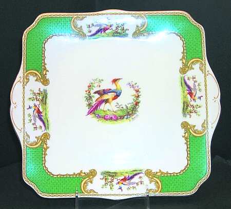 Chelsea Bird Green (Enamel) Square Handled Cake Plate