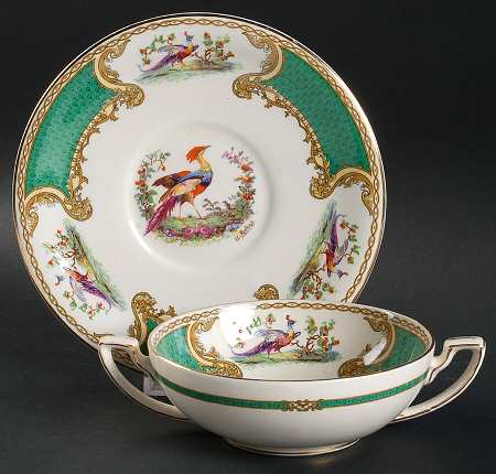 Chelsea Bird Green (Enamel) Flat Cream Soup Bowl & Saucer Set